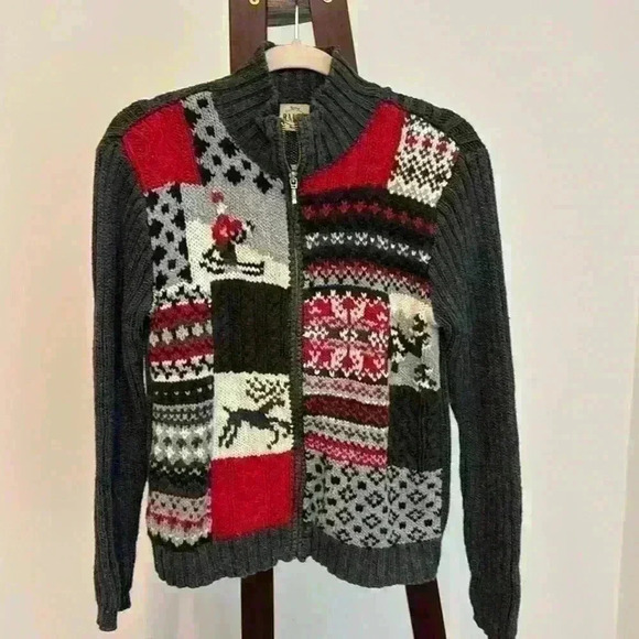 Women’s B Moss Zip Uo Winter Themed Square Quilt Knjt Cardigan Sz M - Picture 1 of 4